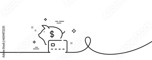 Piggy bank line icon. Continuous one line with curl. Credit card sign. Money savings symbol. Piggy bank single outline ribbon. Loop curve pattern. Vector