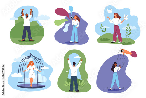 Freedom concept scenes. People released from cell. Man breaks shackles. Woman cuts marionette bonds. Free of speech. Trapped girl leaves cage. Guy looks through keyhole. Garish vector set