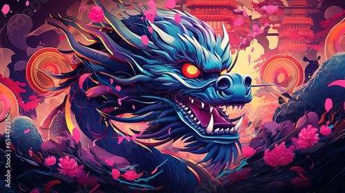 Oriental dragon  neon  modern art  cover. AI generation
