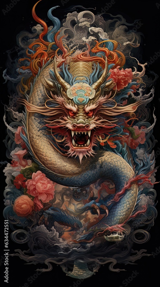 Oriental dragon, neon, modern art, cover. AI generation
