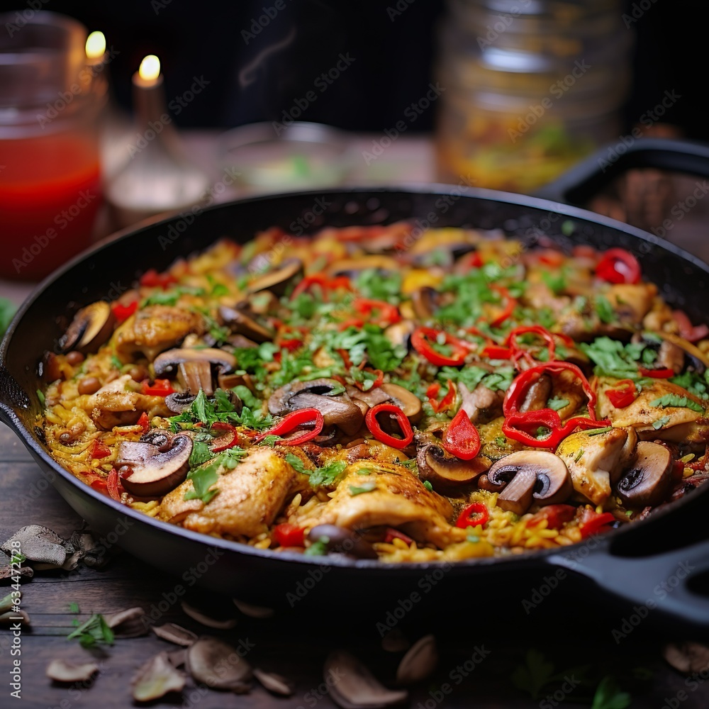 Chicken Paella with mushrooms, red pepper, spices | Generative AI