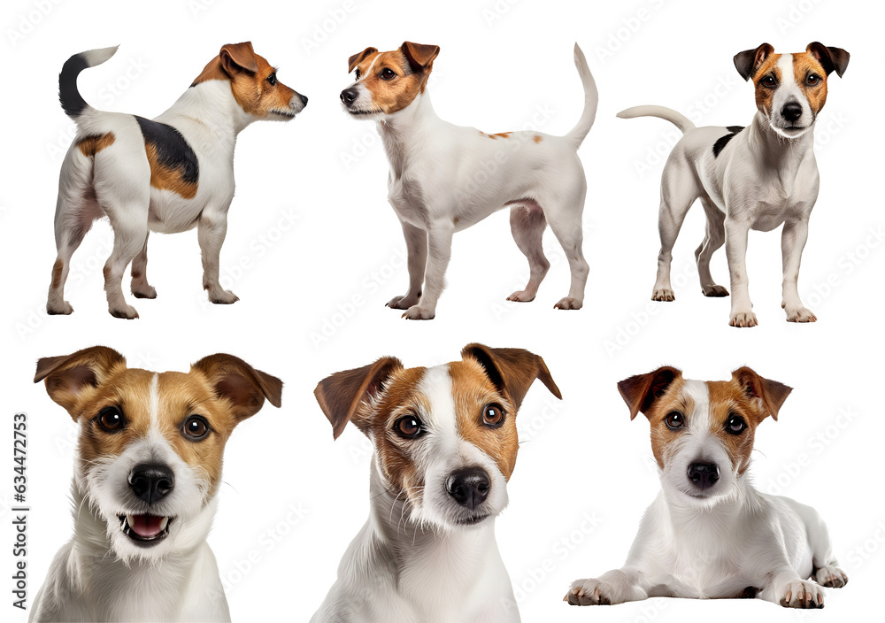 Jack Russell Terrier dog puppy, many angles and view portrait side back head shot isolated on transparent background cutout, PNG file Jack Russell Terrier dog puppy, many angles and view portrait side back head shot isolated on transparent background cutout, PNG file