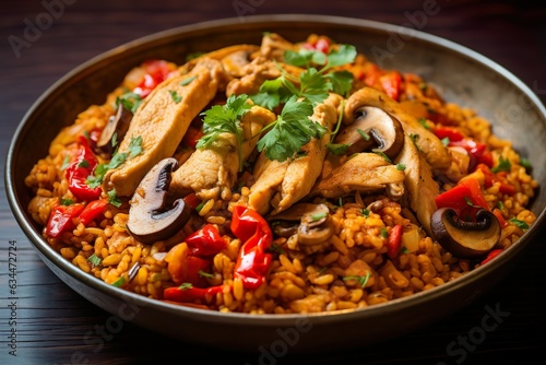 Chicken Paella with mushrooms, red pepper, spices | Generative AI