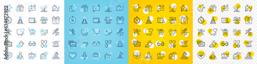 Vector icons set of Handbag size, Sale gift and Ship travel line icons pack for web with Accounting, Christmas tree, Fireworks rocket outline icon. Balloon dart, Honeymoon cruise. Vector
