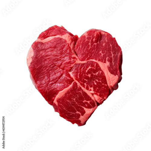 A heart made of raw beef, steak isolated on a transparent background