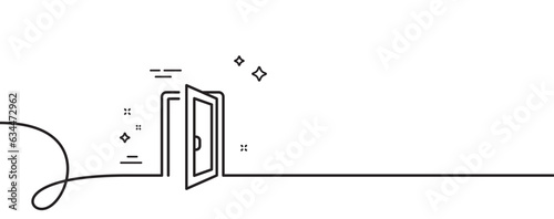 Open door line icon. Continuous one line with curl. Entrance doorway sign. Building entry symbol. Open door single outline ribbon. Loop curve pattern. Vector