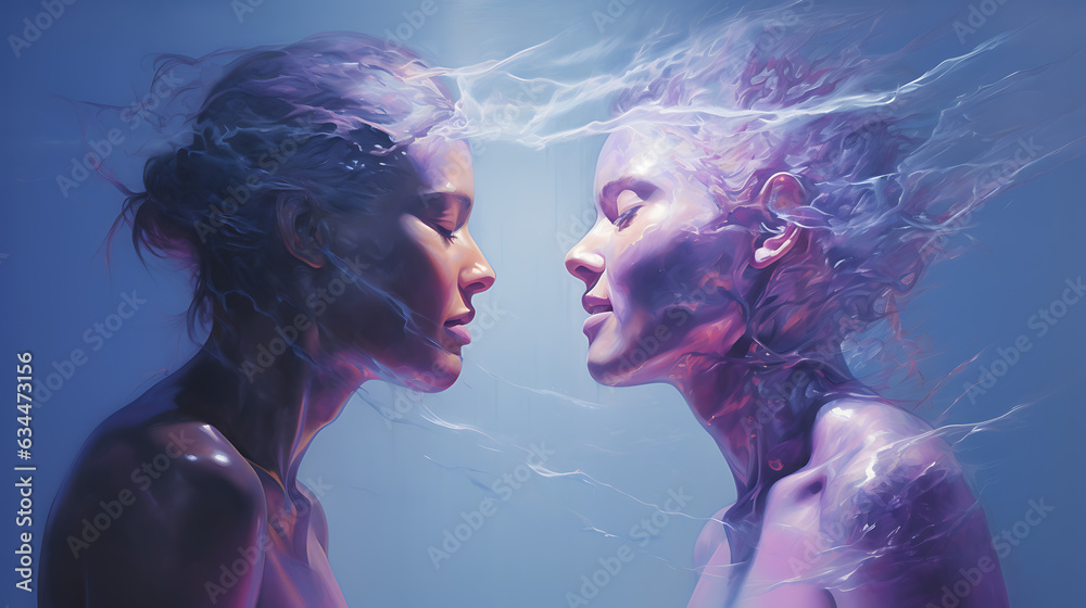  Two heads facing each other connected with psychic waves, in light purple and blue tones, emotional gestures - obrazy, fototapety, plakaty 