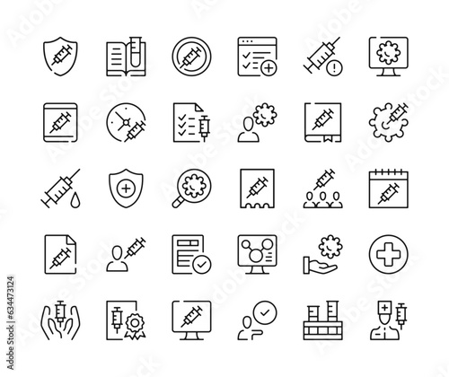 Vaccine icons. Vector line icons set. Vaccination, medical research concepts. Black outline stroke symbols