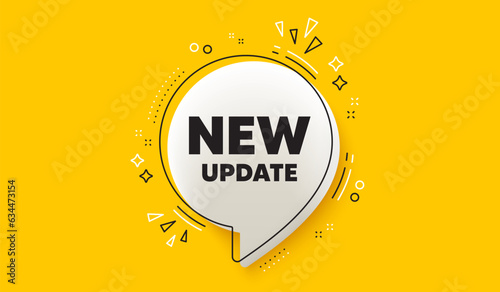 New update icon. 3d speech bubble yellow banner. Special offer sign. Important information available symbol. New update chat speech bubble message. Talk box infographics. Vector