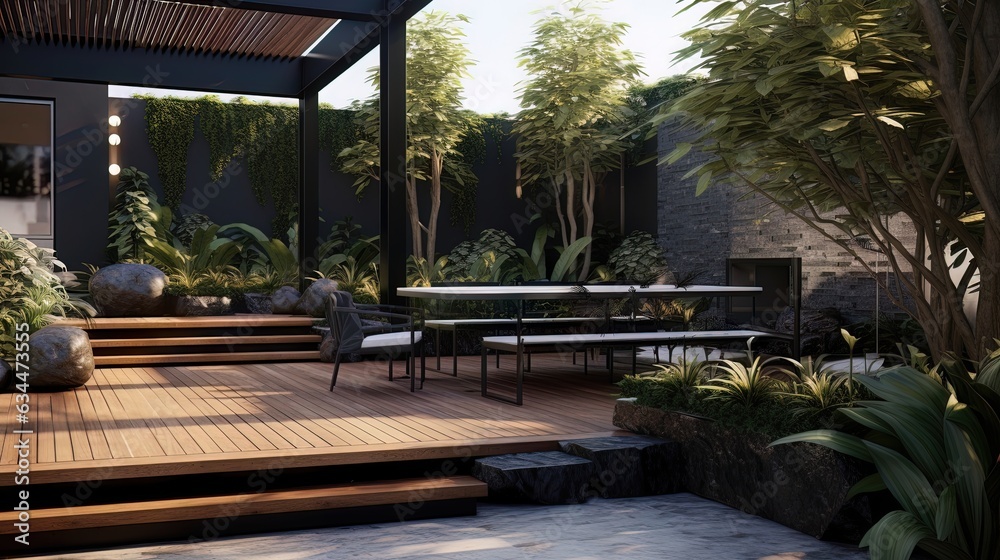 Exterior of luxury patio in nature. AI generation