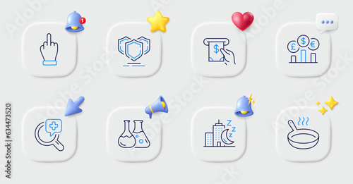 Shields  Chemistry lab and Atm service line icons. Buttons with 3d bell  chat speech  cursor. Pack of Middle finger  Night city  Medical analyzes icon. Currency rate  Frying pan pictogram. Vector