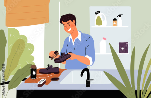 Man cleans his shoes with brush. Footwear polish and care process. Guy washed footgear into home sink. Bathroom interior. Male applies wax and cream at boots. Garish vector concept