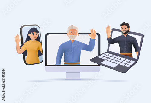 3D Video conference landing page. Different gadgets for online meetings. Woman and man waving from desktop computer, laptop and tablet. Technology for remote communication vector website 3D render