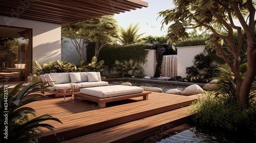 Exterior of luxury patio in nature. AI generation © MiaStendal