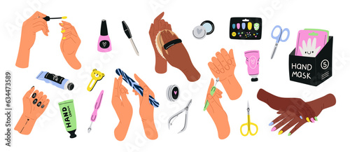Manicured female hands and cosmetic tools. Skin care and nail decoration accessories. Girl applying cream and colored varnishes. Files and scissors. Skincare mask. Garish vector set