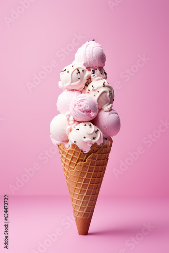 Delicious ice cream in a cone, against pink background. Summer background.