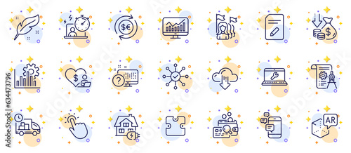 Outline set of Divider document, Home charging and Edit document line icons for web app. Include Money currency, Feather, Feminism pictogram icons. Laptop repair, Survey check. Vector