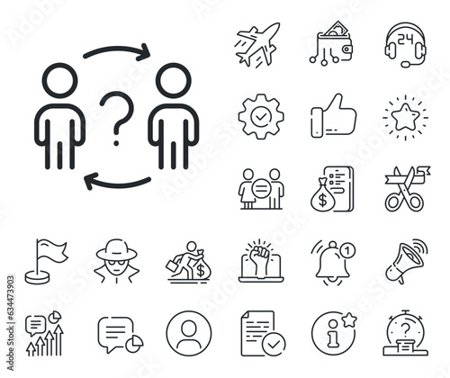 Teamwork help sign. Salaryman, gender equality and alert bell outline icons. Delegate question line icon. Employee share symbol. Delegate question line sign. Spy or profile placeholder icon. Vector