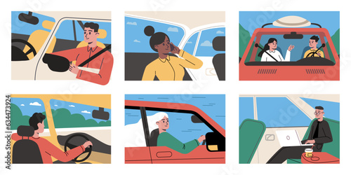 People in cars. Cartoon passengers and drivers. Men and women in vehicles salons. Look out window. Work on laptop. Highway travel. Automobile traffic. Auto transportation vector set
