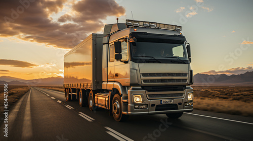 truck drives on a road on a lowland plain at sunset