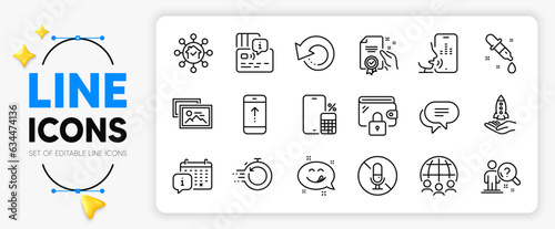 Calendar, No microphone and Fast recovery line icons set for app include Global business, Crowdfunding, Voicemail outline thin icon. Swipe up, Card, Search employee pictogram icon. Vector