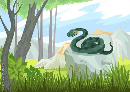 Poisonous reptile in nature. Dangerous snake on rock. Viper in natural habitat. Creeping animal. Wild forest meadow. Serpent on stone. Venomous cobra or python. Splendid vector concept