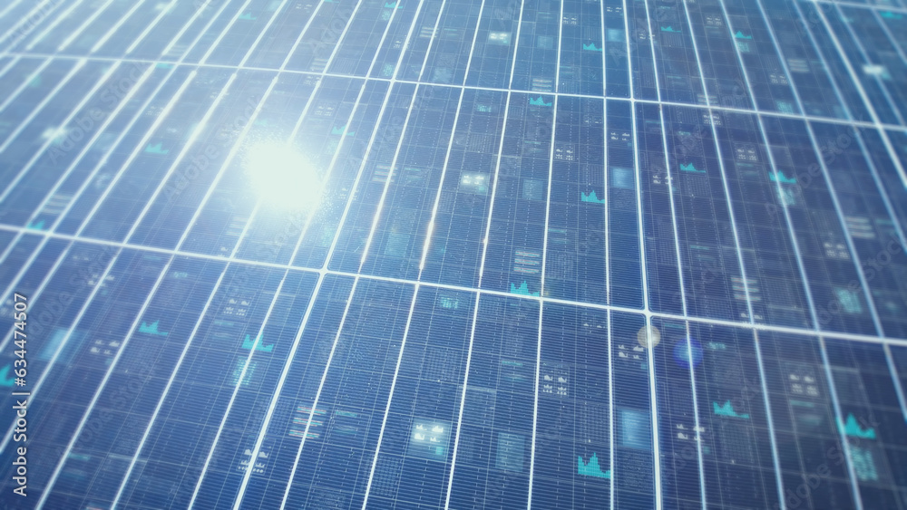 Solar panels generating clean energy, graphics overlay concept, digital data Solar panels generating clean energy, graphics overlay concept, digital data