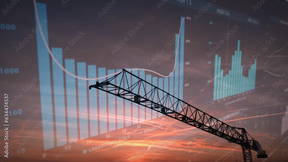 Construction Crane With Animated Logarithmic Scale Charts Overlay, Real