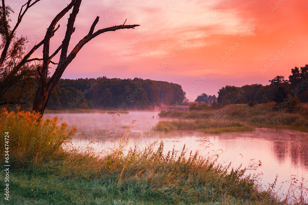 Fototapeta premium Dzika rzeka Wisła, kolorowy pejzaż, poranek, słońce i letni wschód