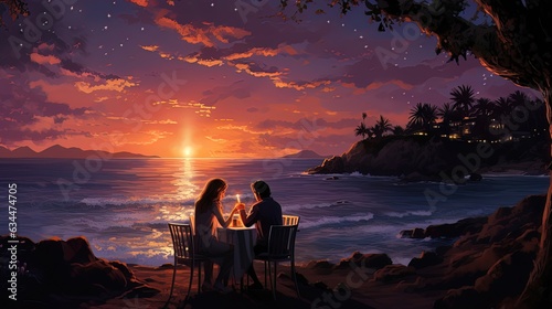 A cozy evening on the ocean  a gazebo in flowers  lanterns  sunset. AI generation