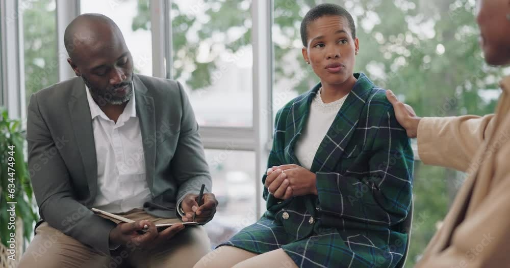 Counseling, comfort and black woman in support group to talk about problem, depression or mental health. Therapy, psychology or community of people in meeting for help in rehabilitation for addiction
