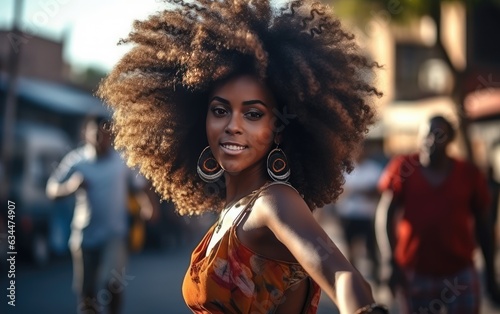 Beautiful, young African woman happy, having fun celebrating victory, expressing great success, energy and positive emotions in motion. Celebrates a new job, outdoors.