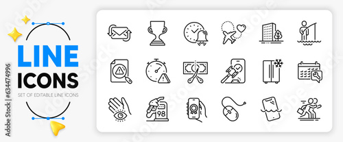 Computer mouse, Fisherman and Honeymoon travel line icons set for app include Auction, Buildings, Search document outline thin icon. Refresh mail, Competition, Refrigerator pictogram icon. Vector