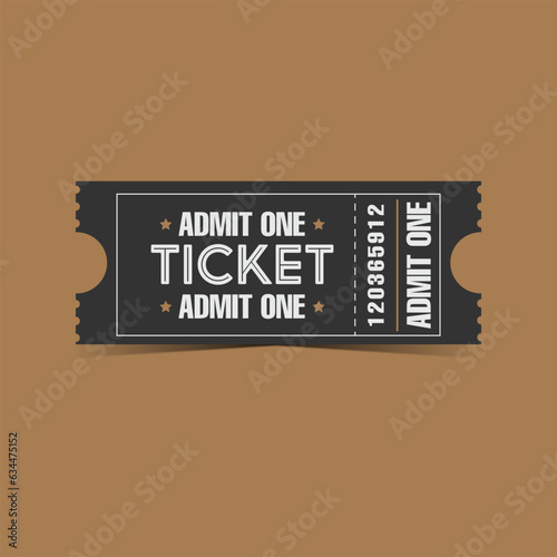 vintage black admit one ticket icon on brown background, retro cinema or event pass coupon illustration for invitations, posters, party flyers, graphic design and print projects