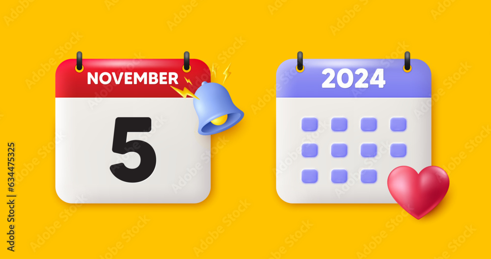 Fototapeta premium Calendar date 3d icon. 5th day of the month icon. Event schedule date. Meeting appointment time. 5th day of November month. Calendar event reminder date. Vector