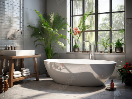 Bathroom interior with bathtub and tropical plants. Generative AI