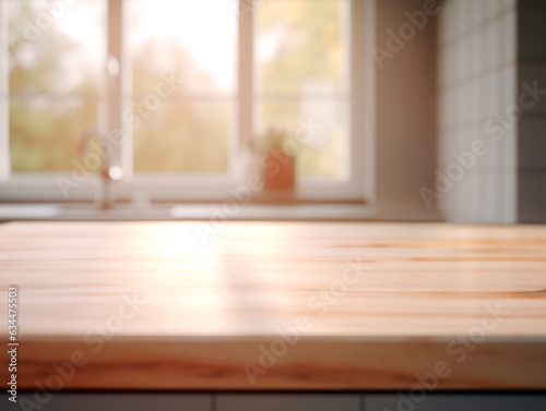 Empty wooden table and blurred kitchen interior background, product display presentation, mockup. Generative AI