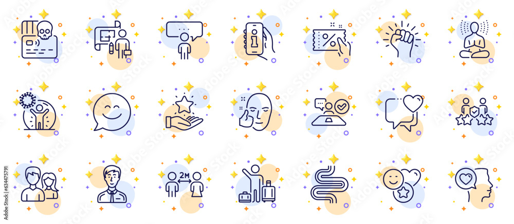 Outline set of Job interview, Yoga and Info app line icons for web app. Include Loyalty program, Airport transfer, Romantic talk pictogram icons. Intestine, Smile chat. Circles with 3d stars. Vector Outline set of Job interview, Yoga and Info app line icons for web app. Include Loyalty program, Airport transfer, Romantic talk pictogram icons. Intestine, Smile chat. Circles with 3d stars. Vector