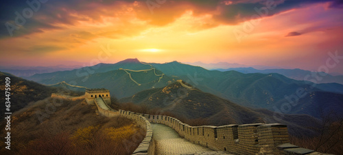  sunset over the Great Wall of China. generative AI photo