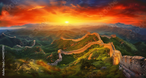 sunset over the Great Wall of China. generative AI