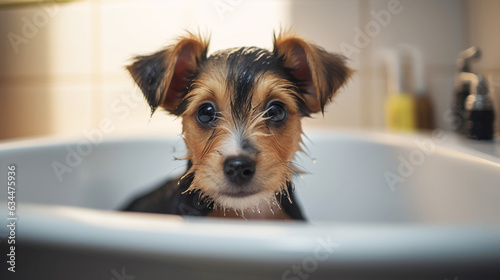 Cute puppy dog in bathtub pets cleaning.