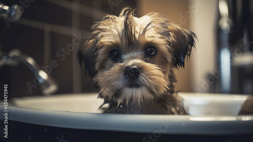 Cute puppy dog in bathtub   pets cleaning. Generative AI © VSzili