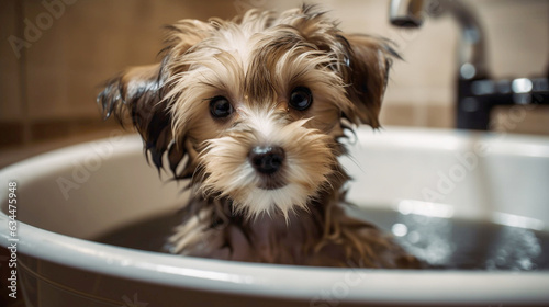 Cute puppy dog in bathtub pets cleaning.
