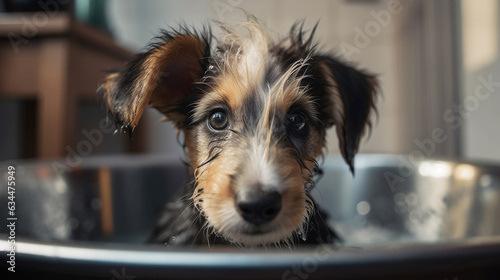 Cute puppy dog in bathtub pets cleaning.