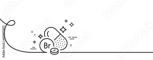 Bromine mineral line icon. Continuous one line with curl. Chemical element Br sign. Capsule or pill symbol. Bromine mineral single outline ribbon. Loop curve pattern. Vector