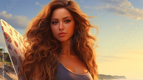 A beautiful girl on the background of the ocean and sunset, a surfer. AI generation