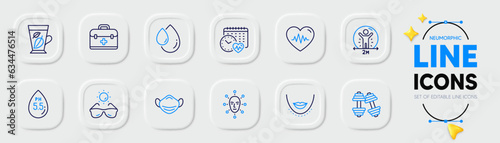 Sunglasses, Dumbbells and Medical mask line icons for web app. Pack of Chin, Face biometrics, Cardio calendar pictogram icons. First aid, Mint leaves, Ph neutral signs. Social distance. Vector