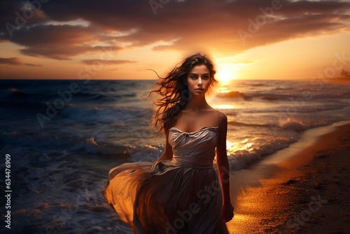 beautiful young woman walking on the beach