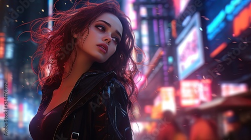 Beautiful girl on the background of the night neon city. AI generation © MiaStendal