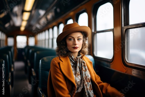 elegant 1940s woman with hat and jacket on train